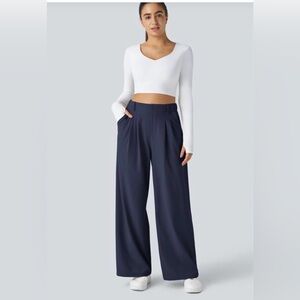 Halara Flex High Waisted Pocket Wide Leg Waffle Work Pants Dark Blue
